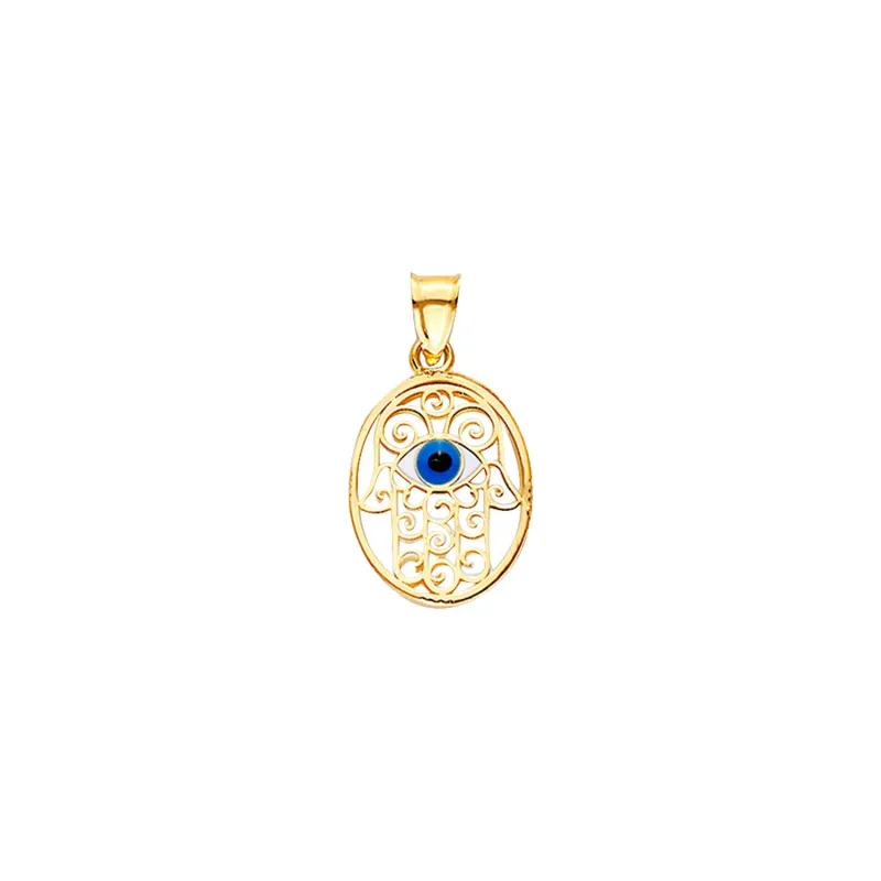14KY Eveil Eye Hamsa Oval Medal on MOP
