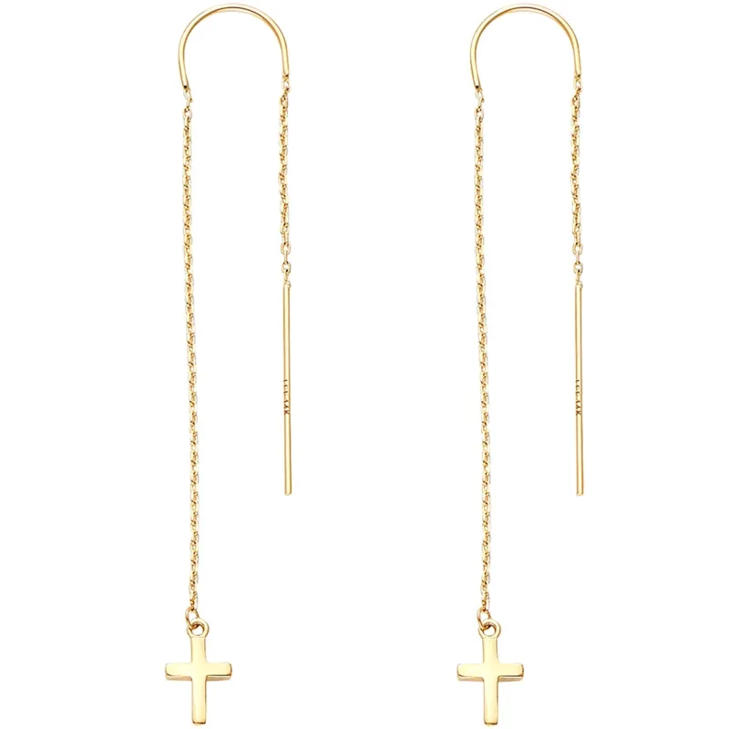 14KY Double Lines Chain Cross Earring