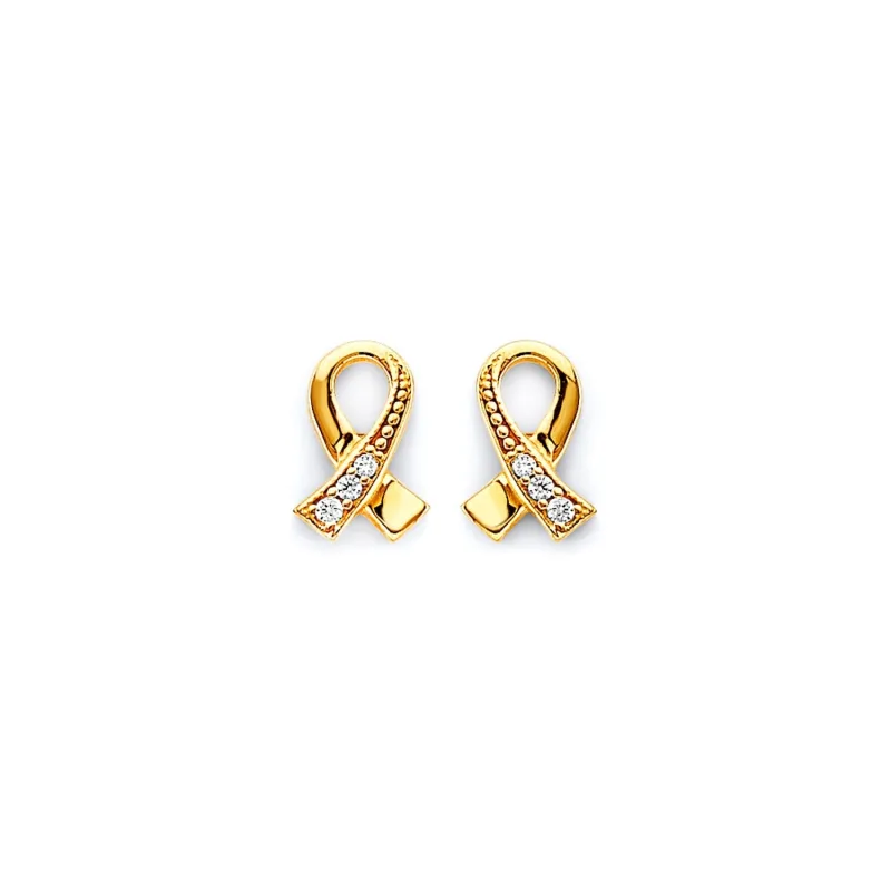 14KY CZ Cancer Ribbon Push Back Earring