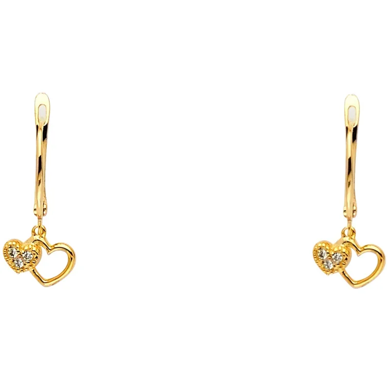 14KY CZ 2 HEARTS HANGING EARRING