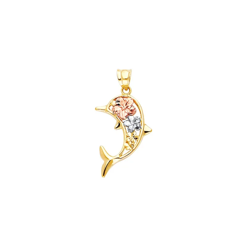 14K 3C Hawaiian flower Dolphin Pendant