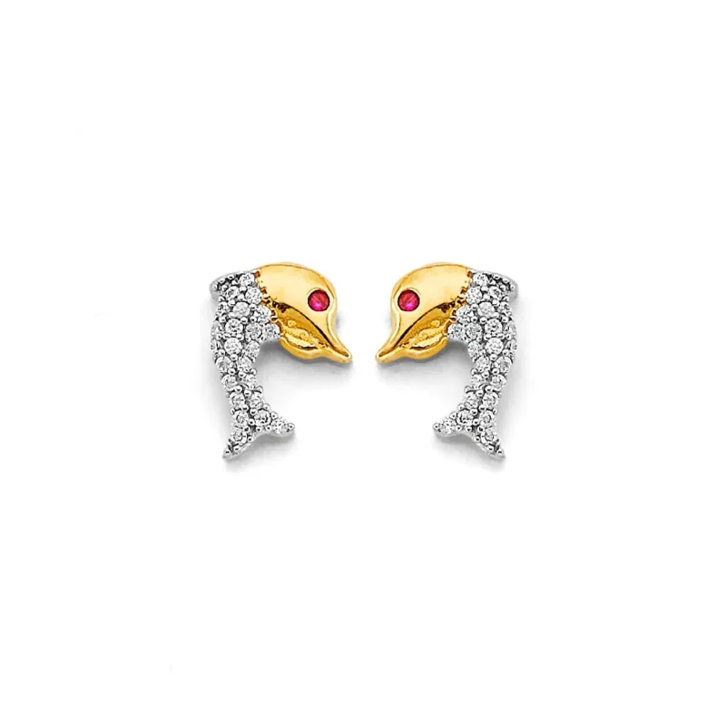 14K 2T CZ Dolphin Push Back Earring