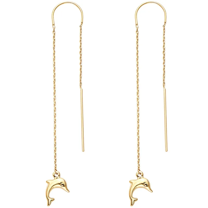 14KY Double Lines Chain Dolphin Earring