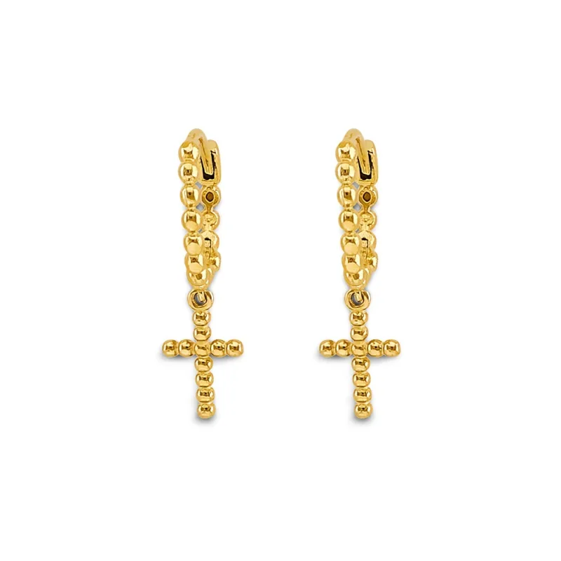 14KY Bead Cross Huggies Earring