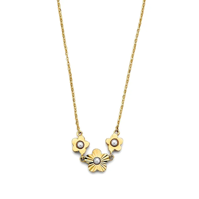14KY 3 Flowers with Pearl Necklace