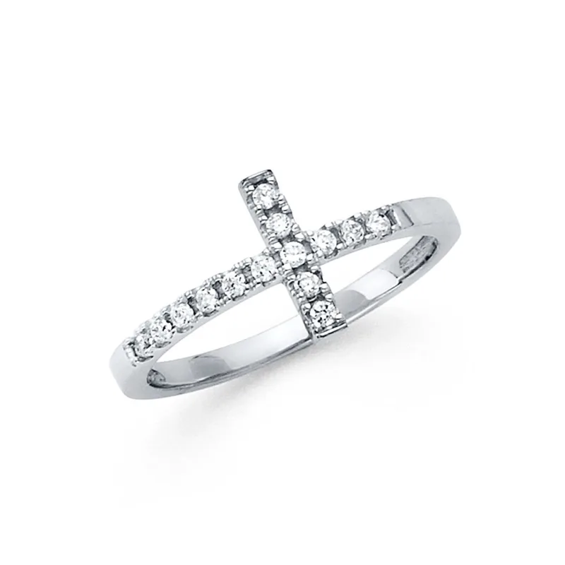 14KW SIDE WAY CZ CROSS RING