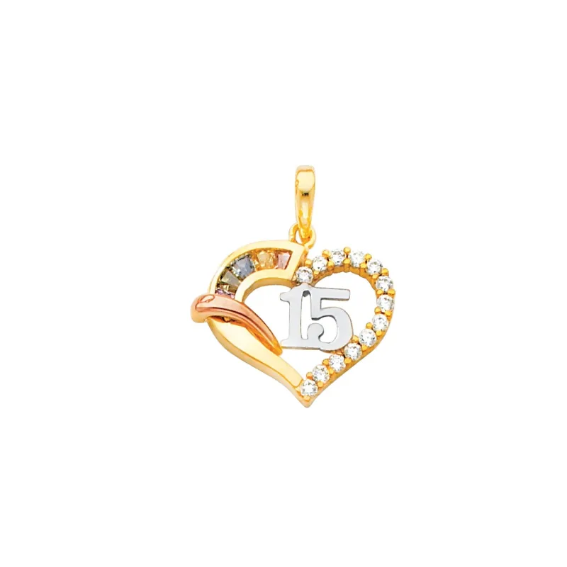14K 3C CZ 15 YRS HEART PENDANT (PT670)