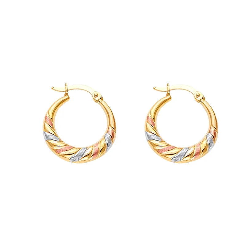 14K 3C Double Face Diagonal Design Hol Earring