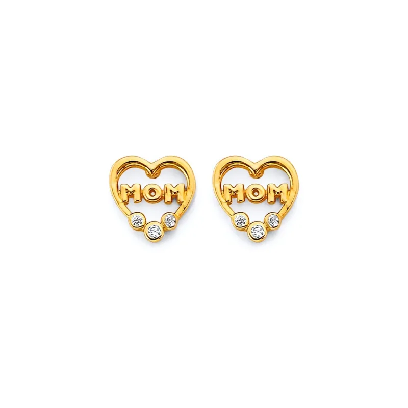 14KY CZ Heart-Mom Push Back Earring