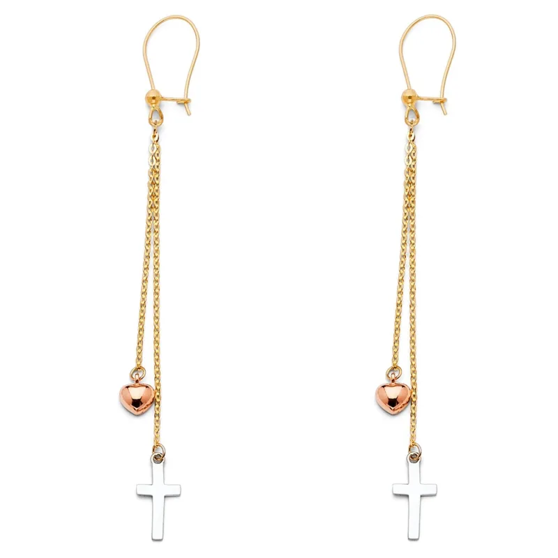 14K 3C CROSS+HEART HANGING EAR