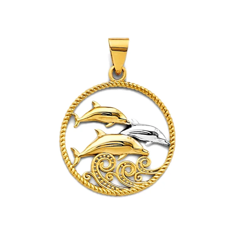 14K 2T Round Dolphin Pendant