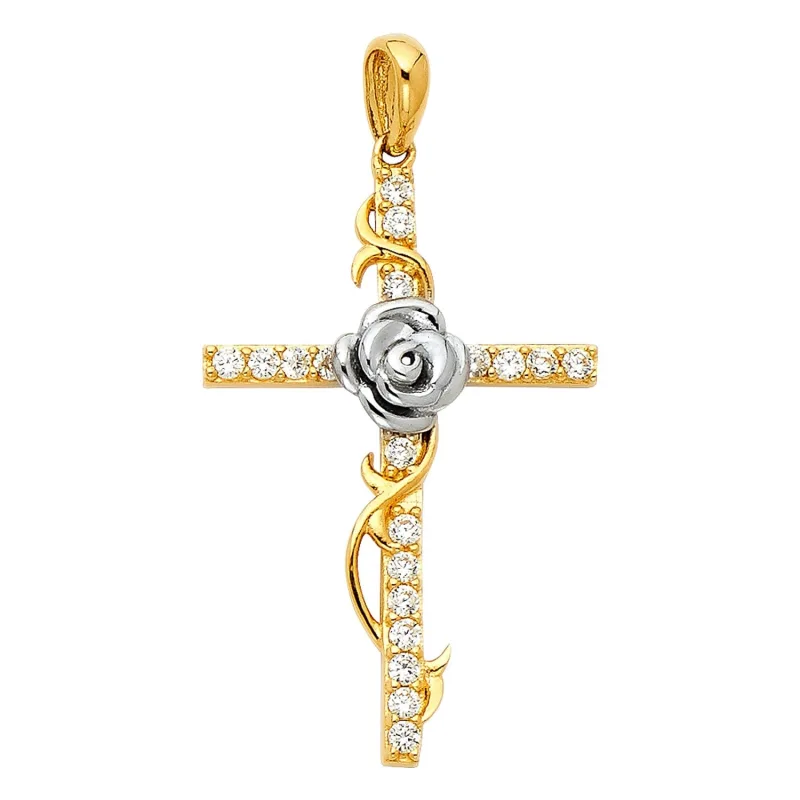 14K 2T CZ CROSS W/ ROSE PENDANT