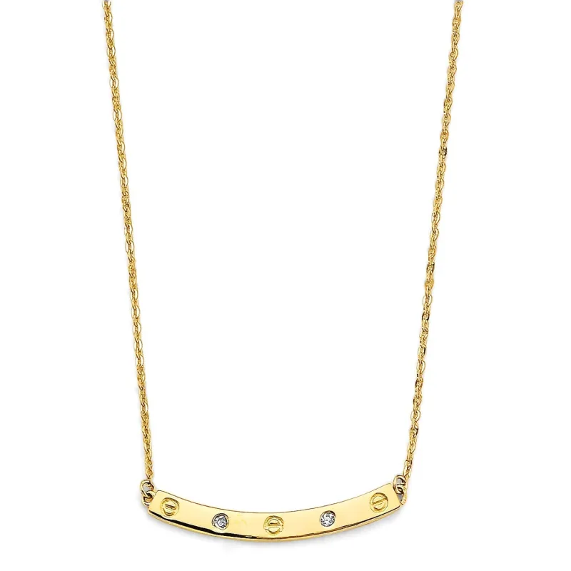 14KY Curved Bar w/CZ & Screw Necklace