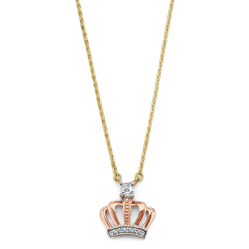 14K 3C CZ Pink Crown Necklace