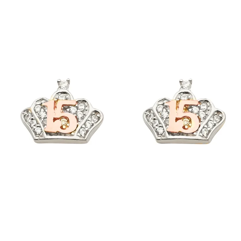 14KW 15Years CZ Crown Earring w/Push Back