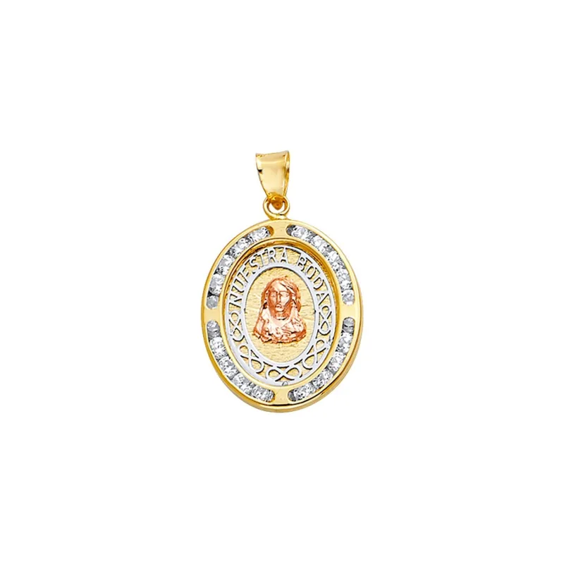 14K 3C CZ Oval Nuestra Boda Pt w/Jesus