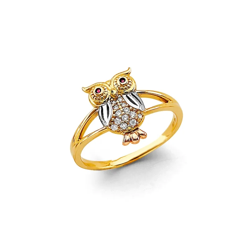 14K 3C CZ Owl Ring