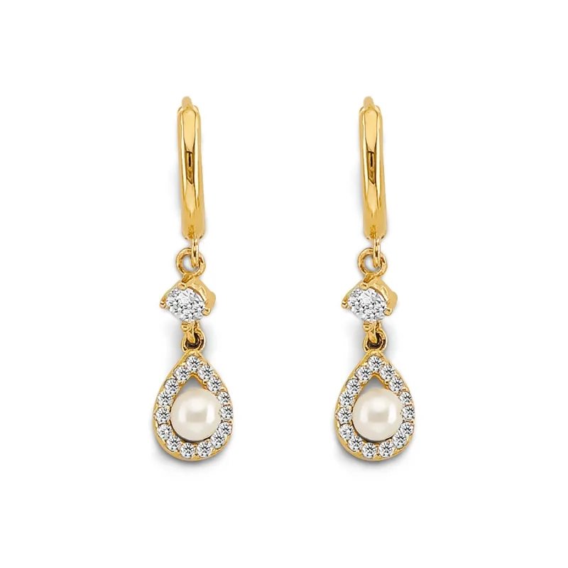 14KY CZ Pearl Hanging Huggies Earring