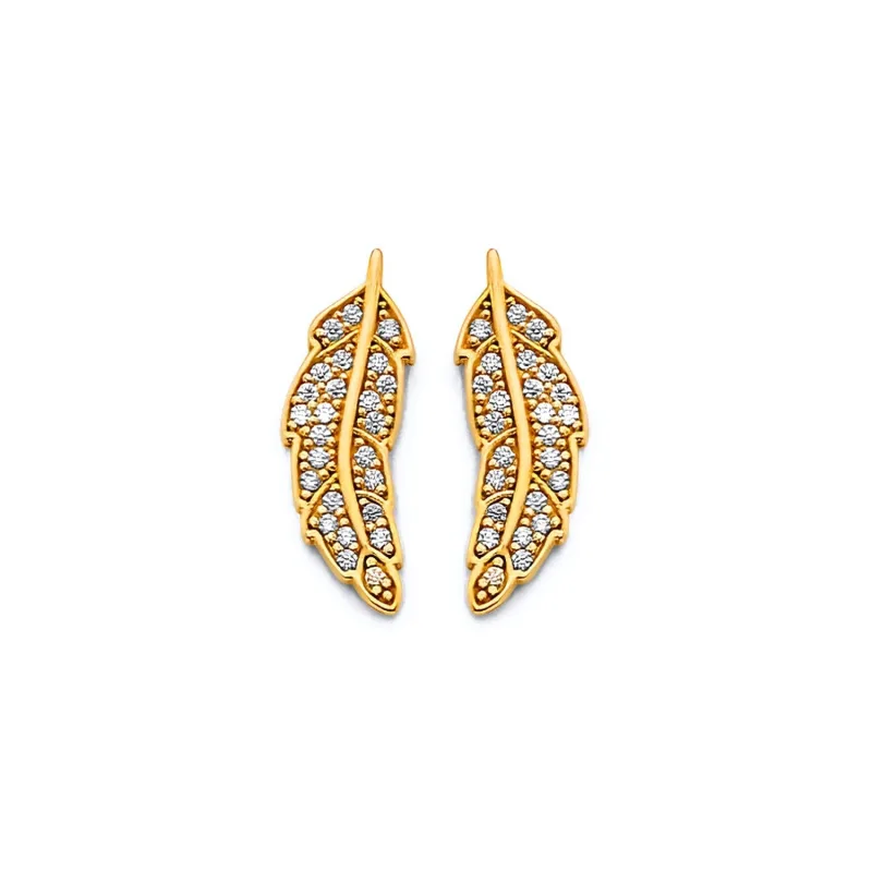 14KY CZ Feather Push Back Earring