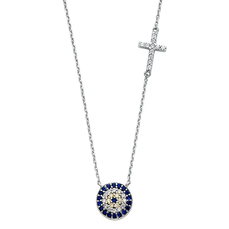 14KW CZ EVIL EYE & CROSS NECKLACE