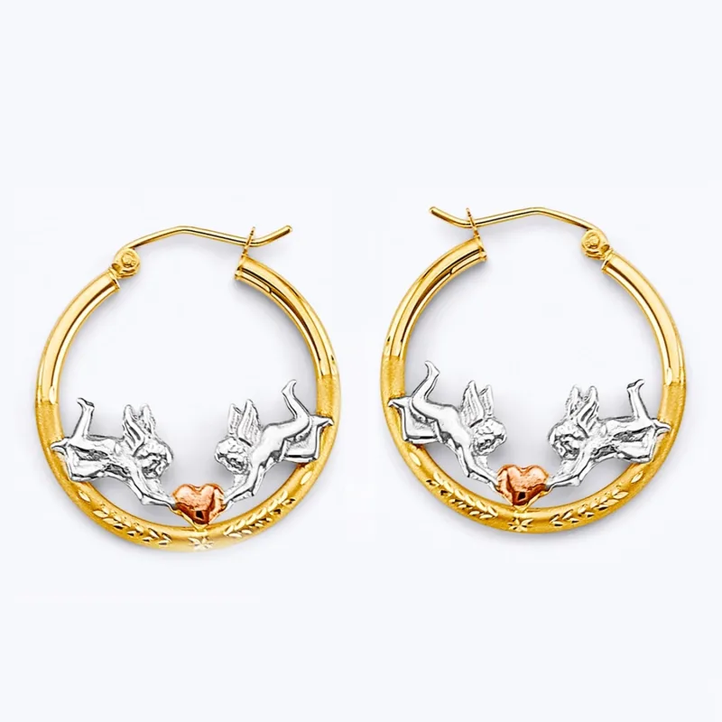 14K 3C Angel & Heart Hoop Earring