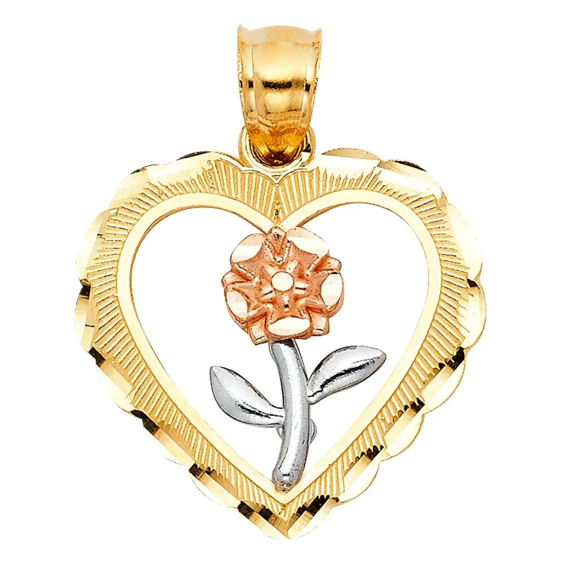 14K 3C HEART W/ ROSE PENDANT