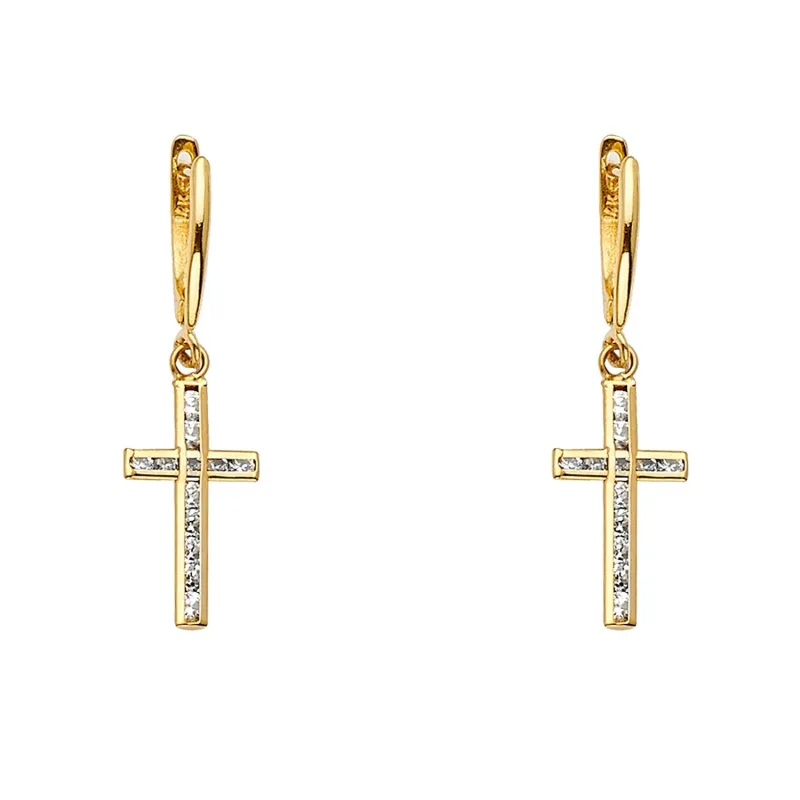 14KY CZ Channel Set Cross Dangle Earring