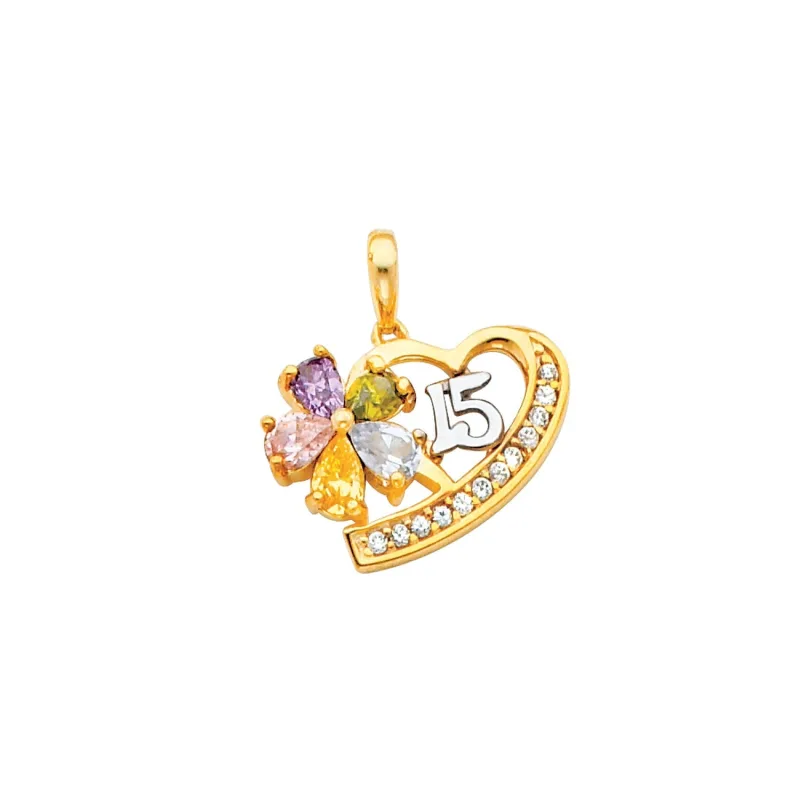 14K 2T CZ 15 YRS HEART PENDANT (PT669)