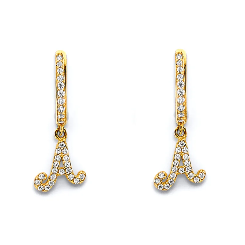 14K 2T CZ Hanging Initial Huggies Earring