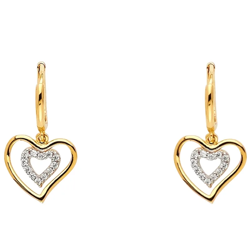 14K 2T CZ HEART HANGING EARRING