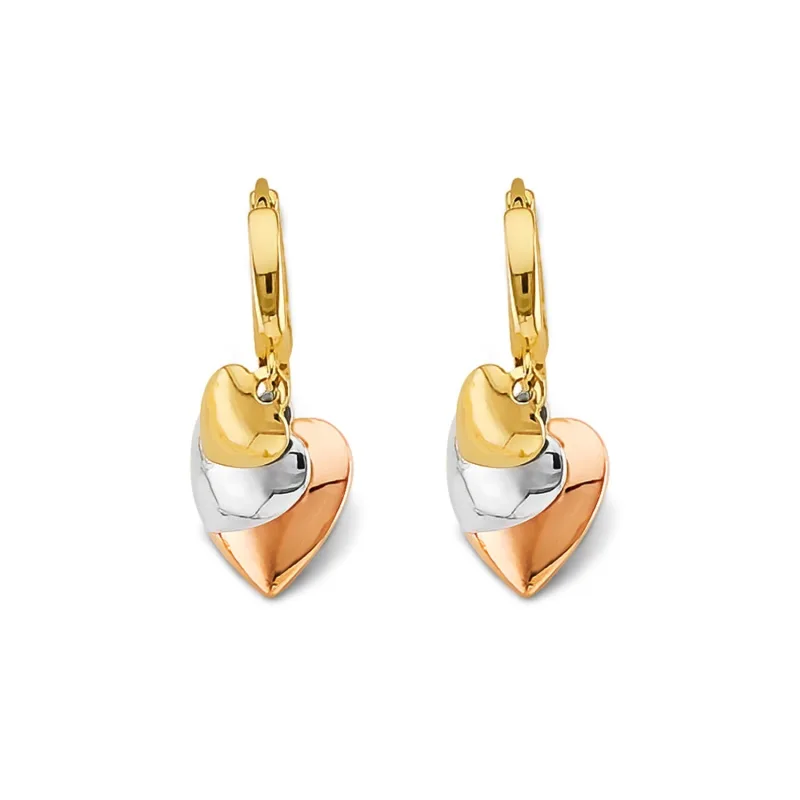 14K 3C Hanging Hearts Huggies Earring