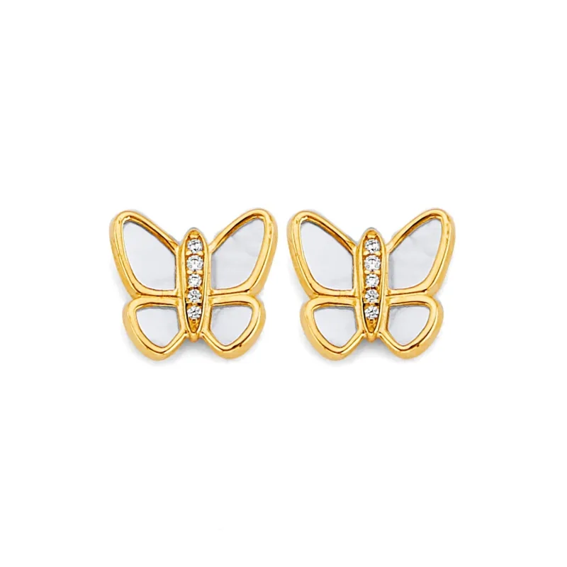 14KY MOP CZ Butterfly Earring