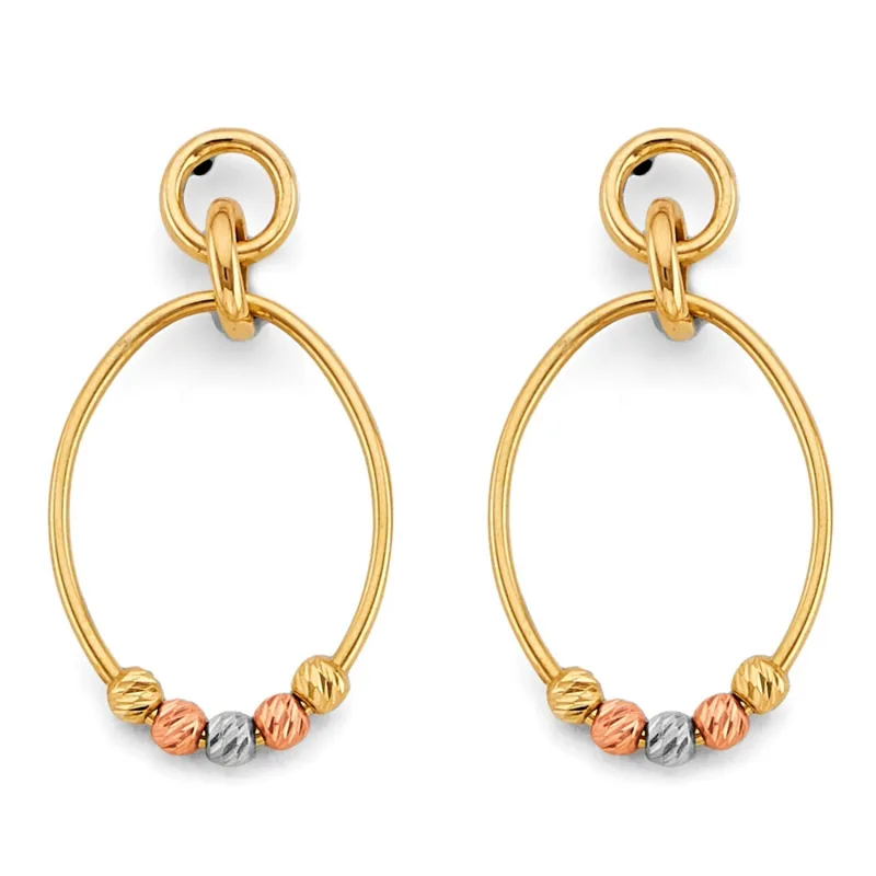 14K 3C Hanging Oval Tube w/ Bead Earring