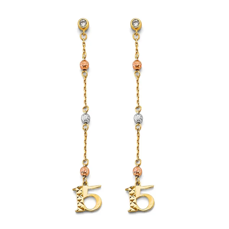 14K 3C Hanging CZ Ball 15 Years Earring