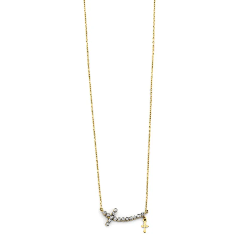 14K 2T Double Cross CZ Necklace