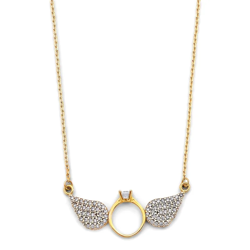 14K 2T Double Angel CZ Wing Necklace