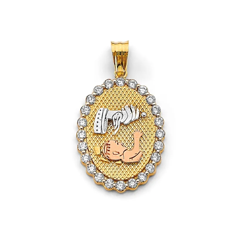 14K 3C CZ Oval Baptism Pendant