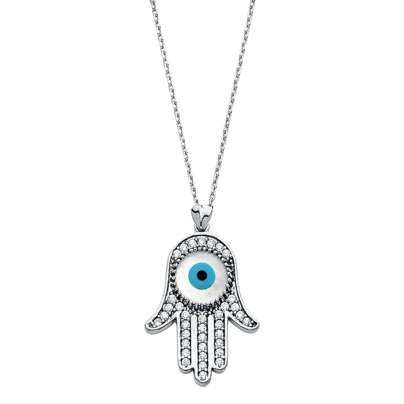 14KW CZ EVIL EYE HAMSA NECKLACE