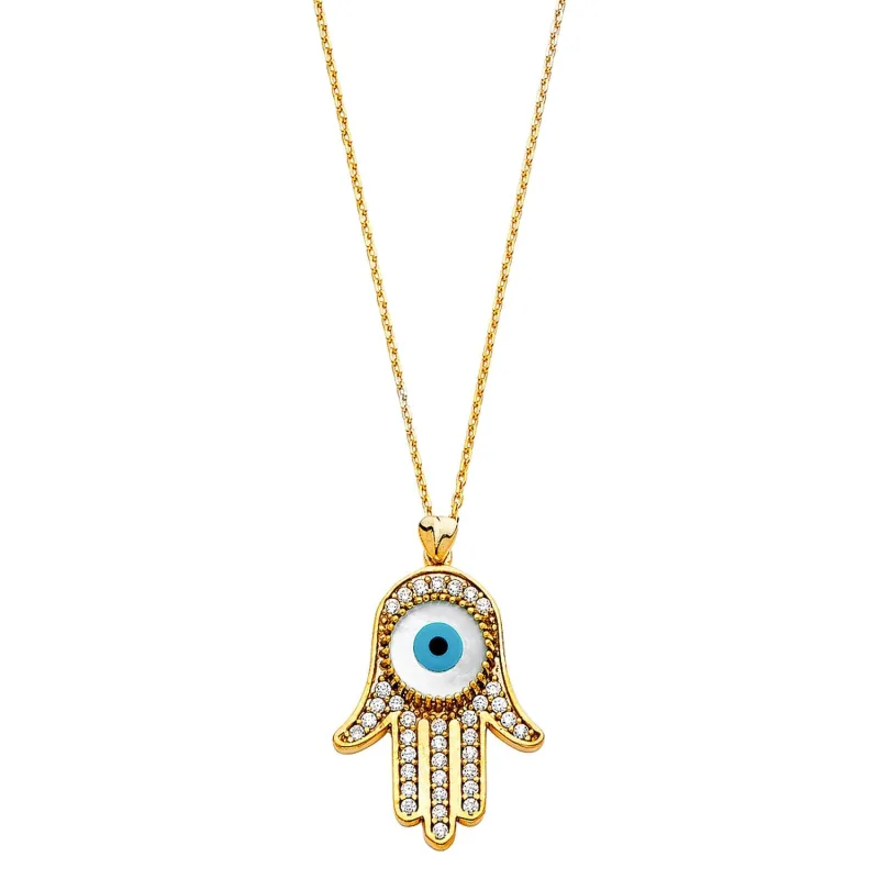 14KY CZ EVIL EYE HAMSA NECKLACE