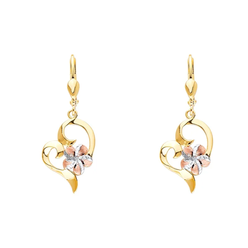 14K 3C Heart Lever Back Ear with Hawaiian Flower