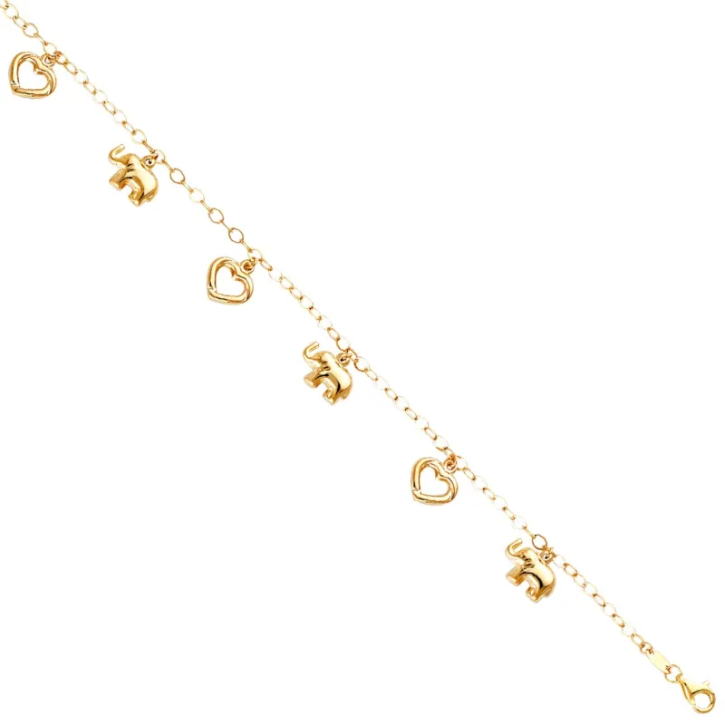 14KY Hanging Elephant + Heart Bracelet 7 + 1