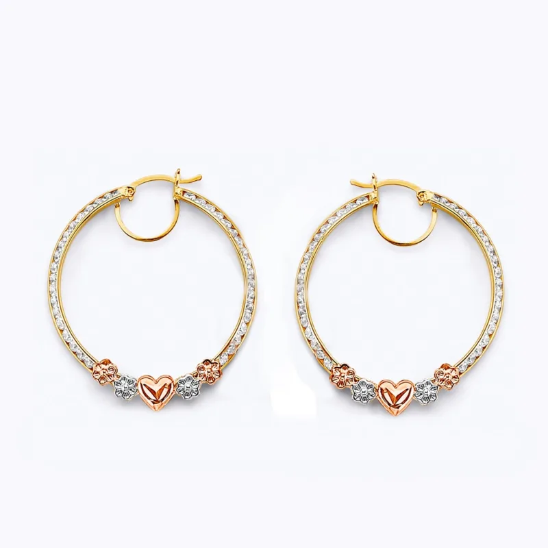 14K 3C CZ Flower & Heart Hoop Earring
