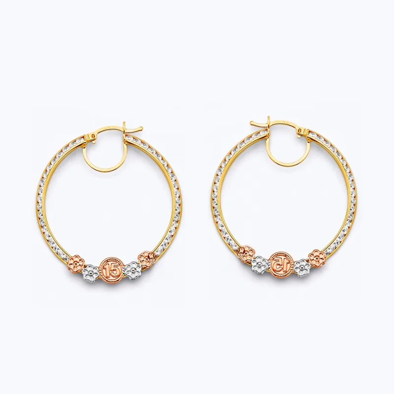 14K 3C CZ 15 Years Flower Hoop Earring