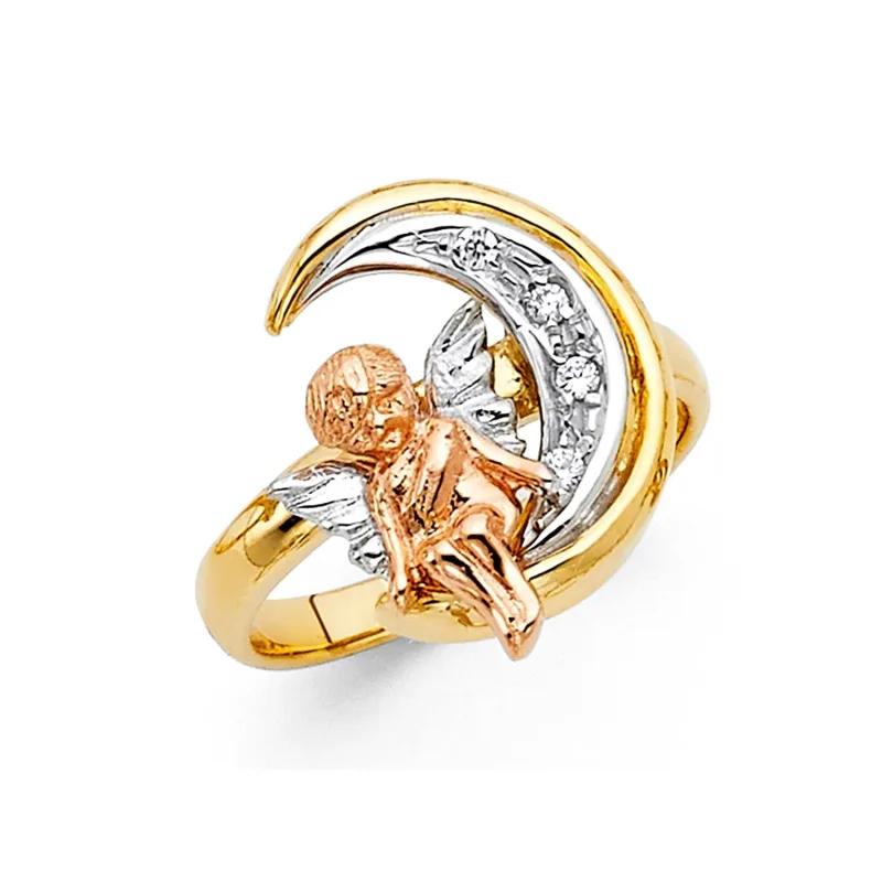 14K 3C CZ ANGEL & MOON RING