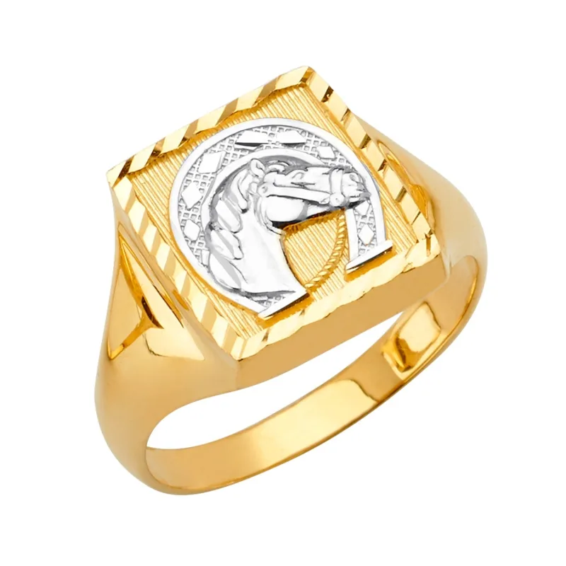14K 2T Square Men's Ring w/Horse Shoe
