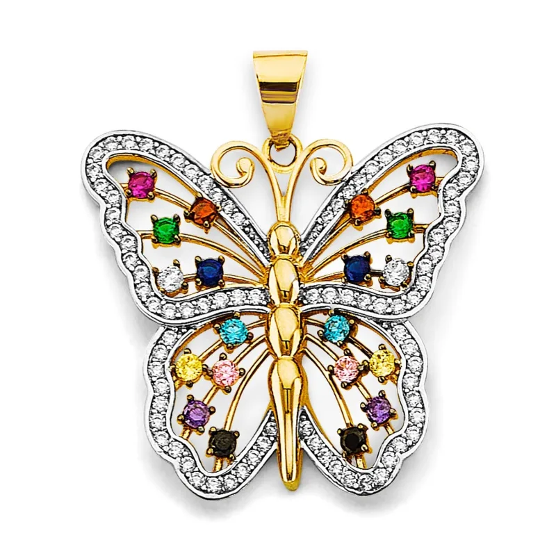 14K 2T Colored CZ Big Butterfly Pendant