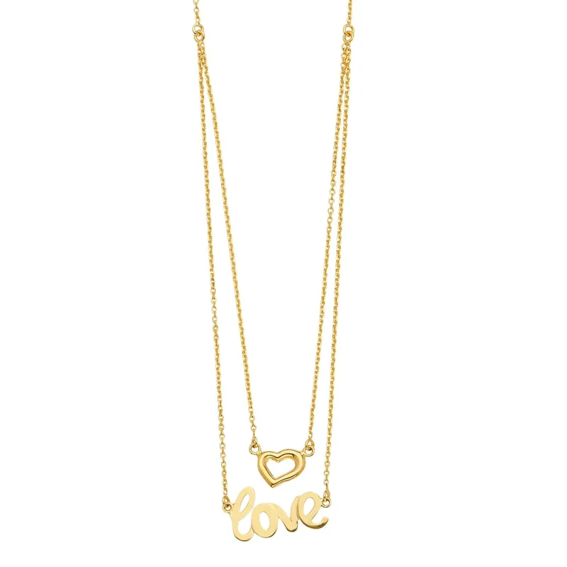 14KY 2Lines Chain Necklace w/Heart+Love