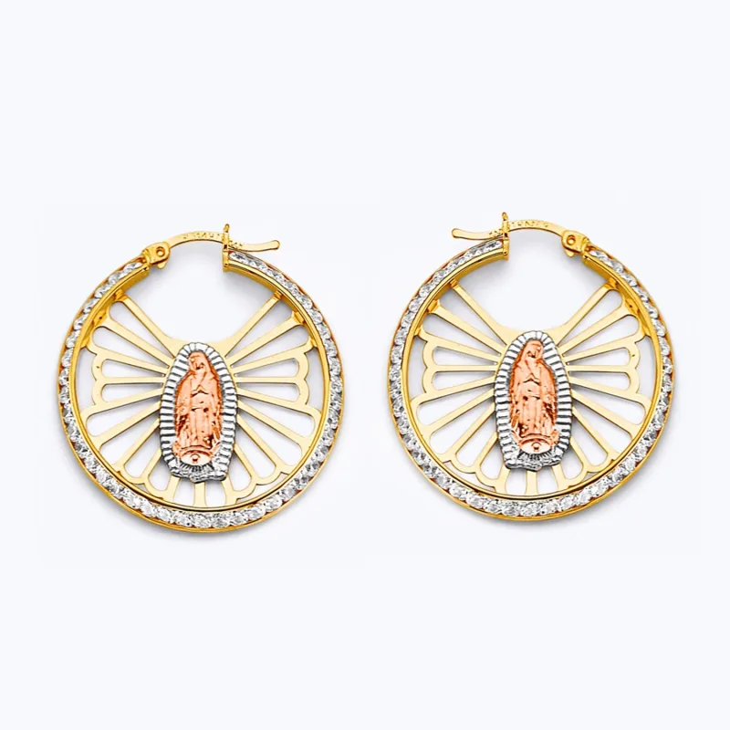 14K 3C CZ Guadalupe Hoop Earring