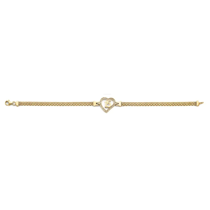 14K 2T CZ 15 Years Heart Bracelet
