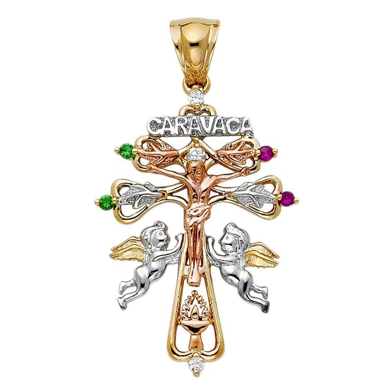 14K 3C CZ CROSS OF CARAVACA PENDANT